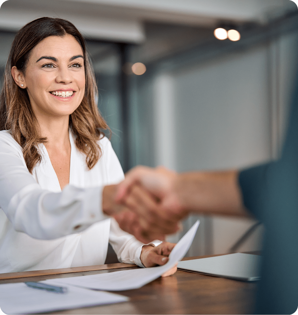 Woman in white blouse at interview